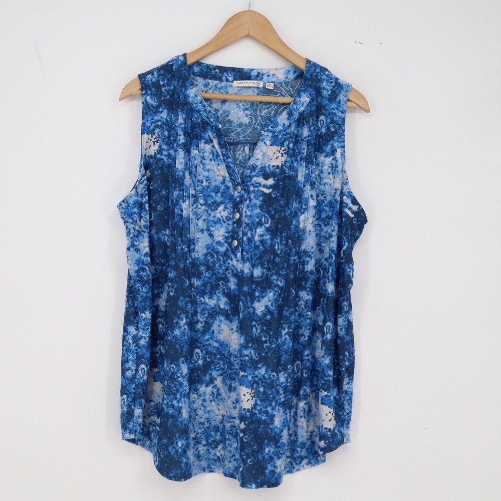 Notations Top Woman 2X Blue Tie Dye Metallic Sleeveless Blouse Excellent